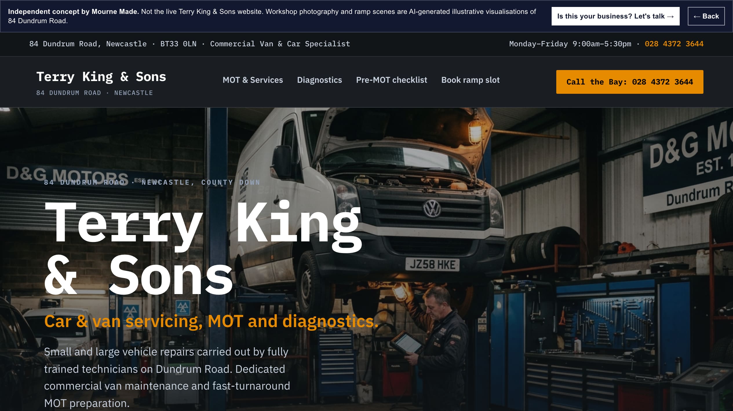 Mourne Made concept opening screen for Terry King & Sons, captured from the local concept route