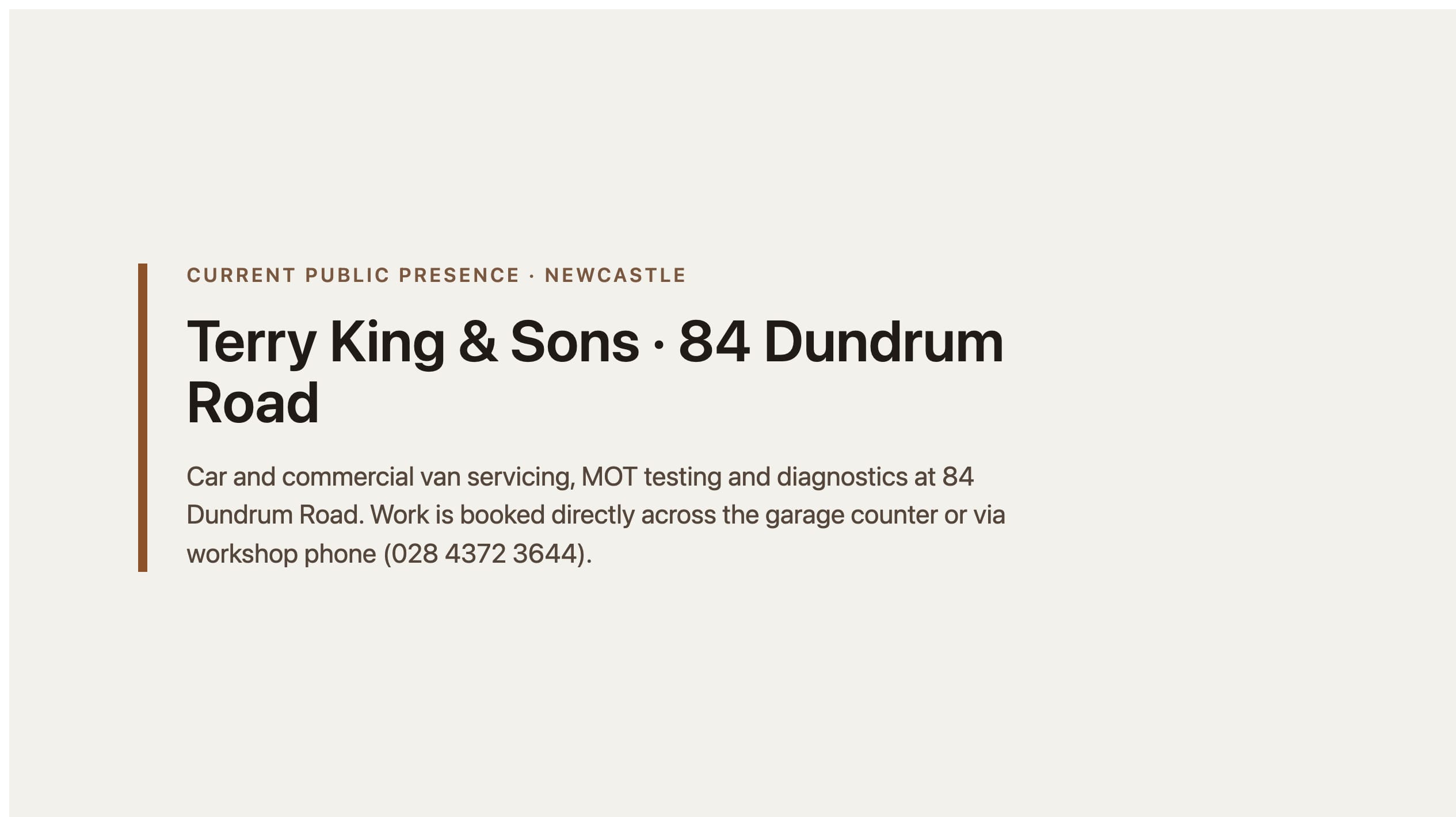 Labelled placeholder for Terry King & Sons' current public presence (workshop counter and local listings) — not a live-site screenshot; a matched capture was not filed for the 27 August 2026 publish