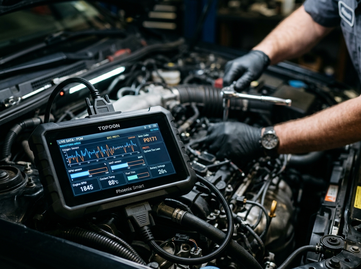AI-generated illustrative close-up of diagnostic telemetry scanner connected to an engine bay