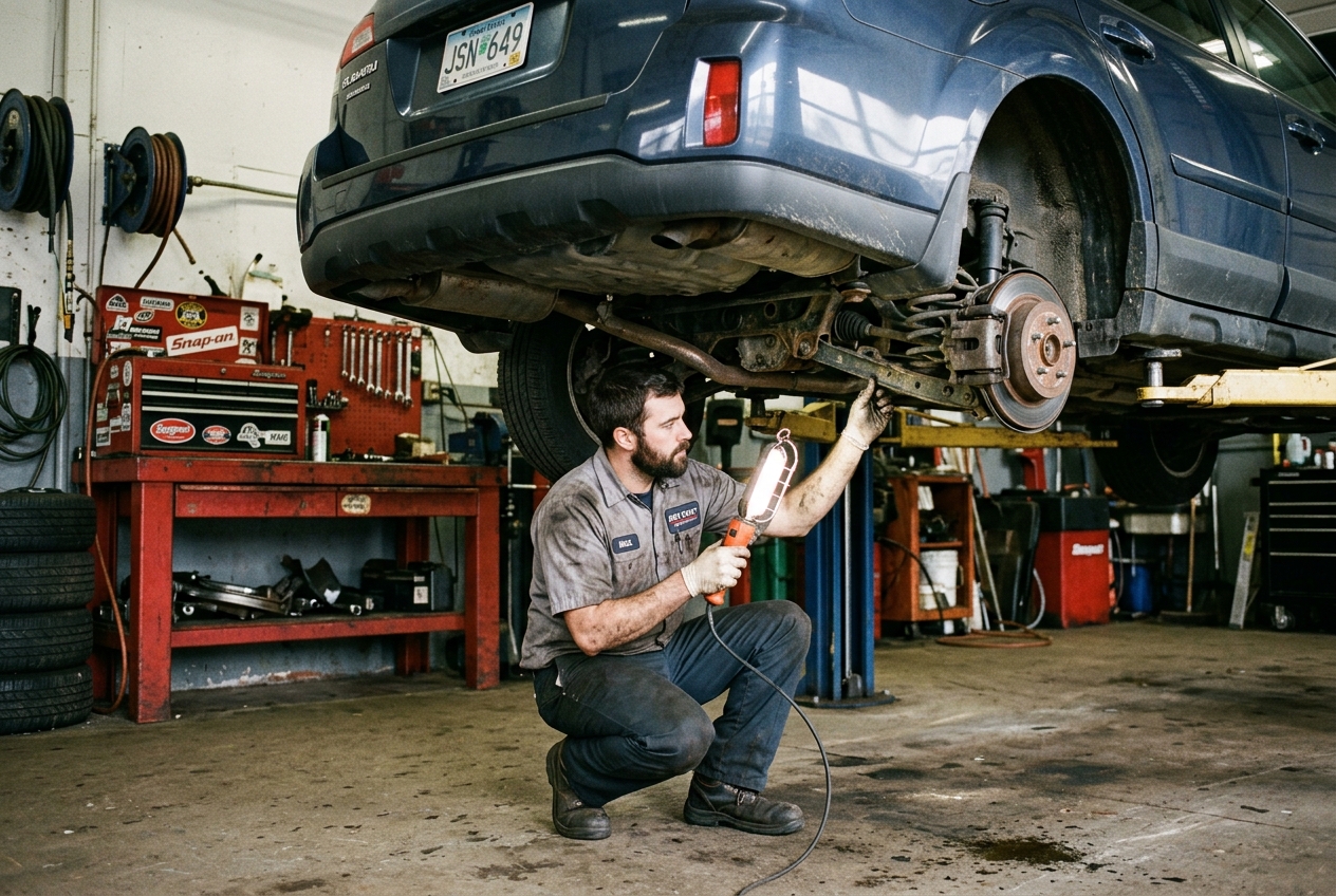 AI-generated illustrative underbody ramp inspection with mechanic checking suspension components