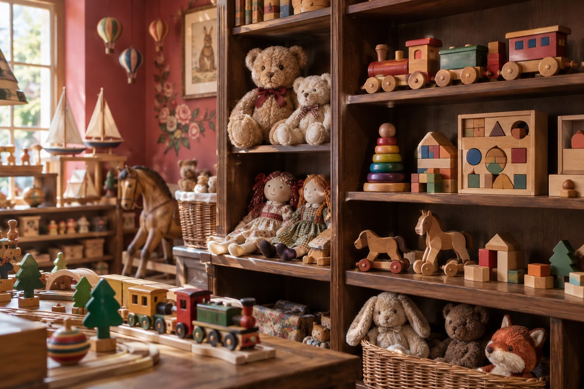 Carefully curated shelves of traditional wooden toys, puzzles and soft teddies