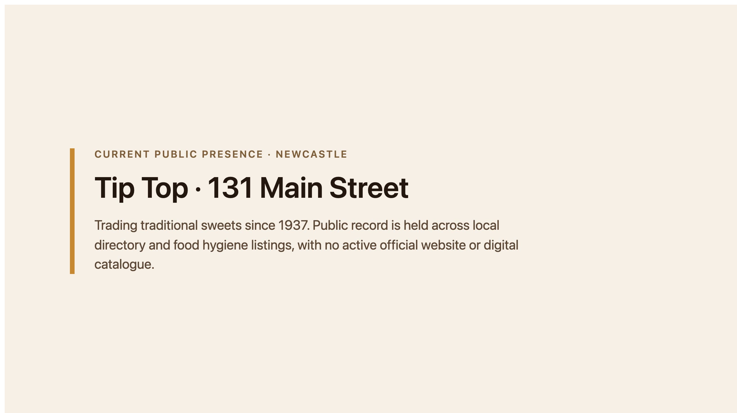 Labelled placeholder for Tip Top's current public presence (local directory and food hygiene listings) — not a live-site screenshot; a matched capture was not filed for the 25 August 2026 publish