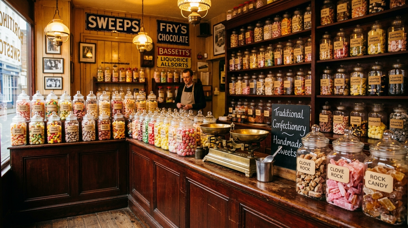Traditional sweet shop interior with glowing glass candy jars and vintage brass balance scale