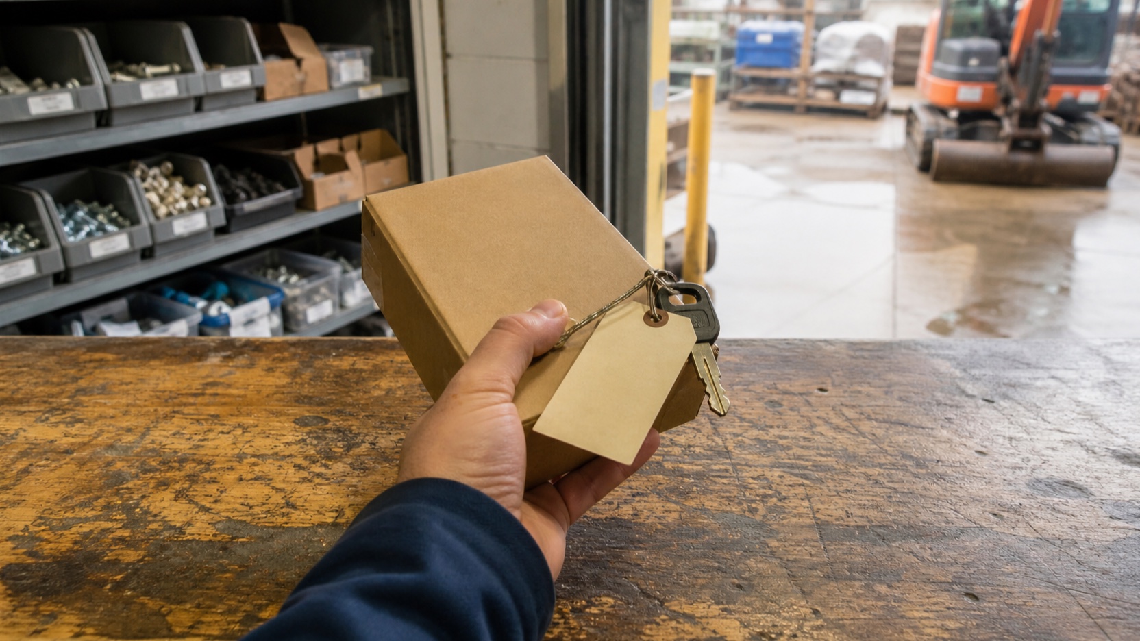 AI-generated trade-counter scene with a plain box of fixings and an unbranded plant-hire key meeting under one hand