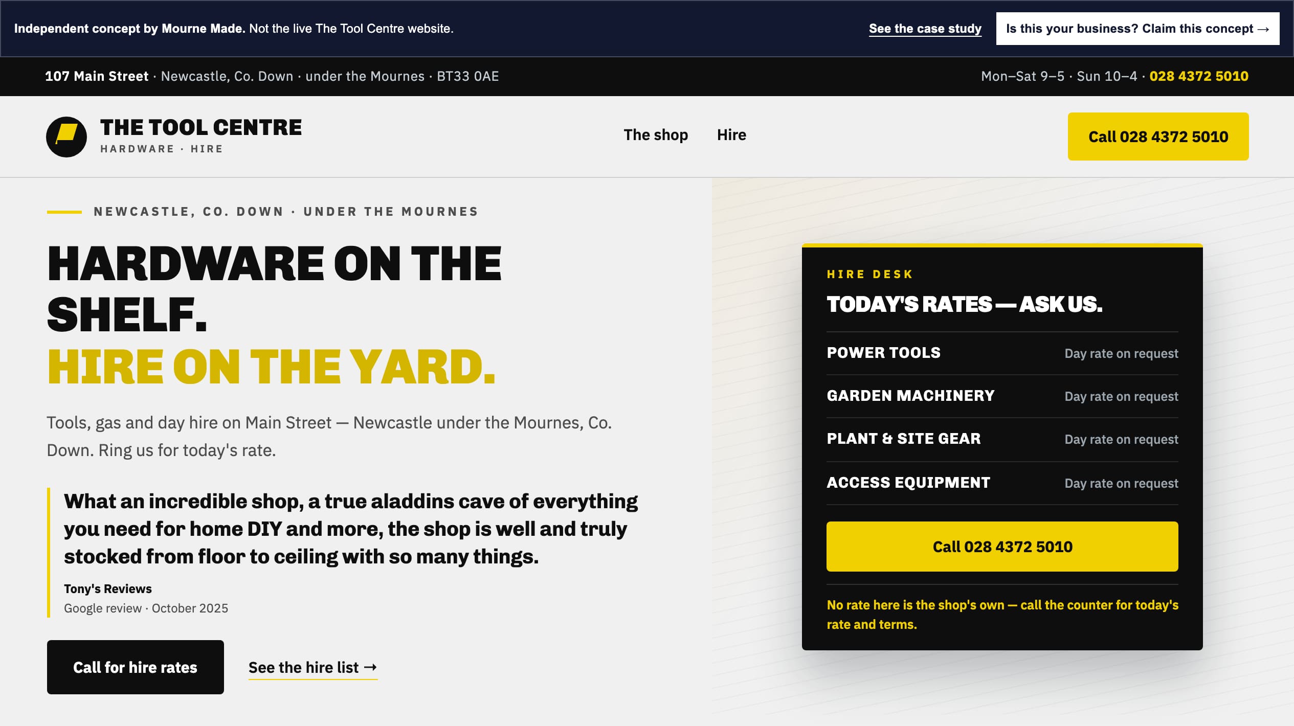 Mourne Made concept opening in yard black, cool concrete and badge yellow, with the Hardware on the shelf Hire on the yard headline, a hire-desk rates board and stock categories