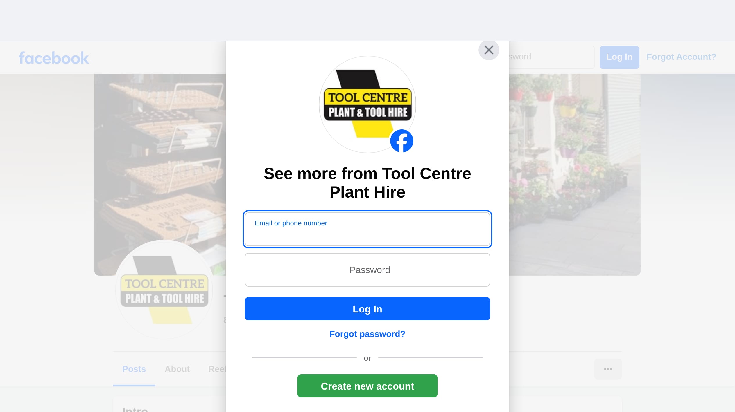 The Tool Centre's current public presence: its Facebook page covered by Meta's cookie consent dialog and login form, with the shop's introduction greyed out behind them