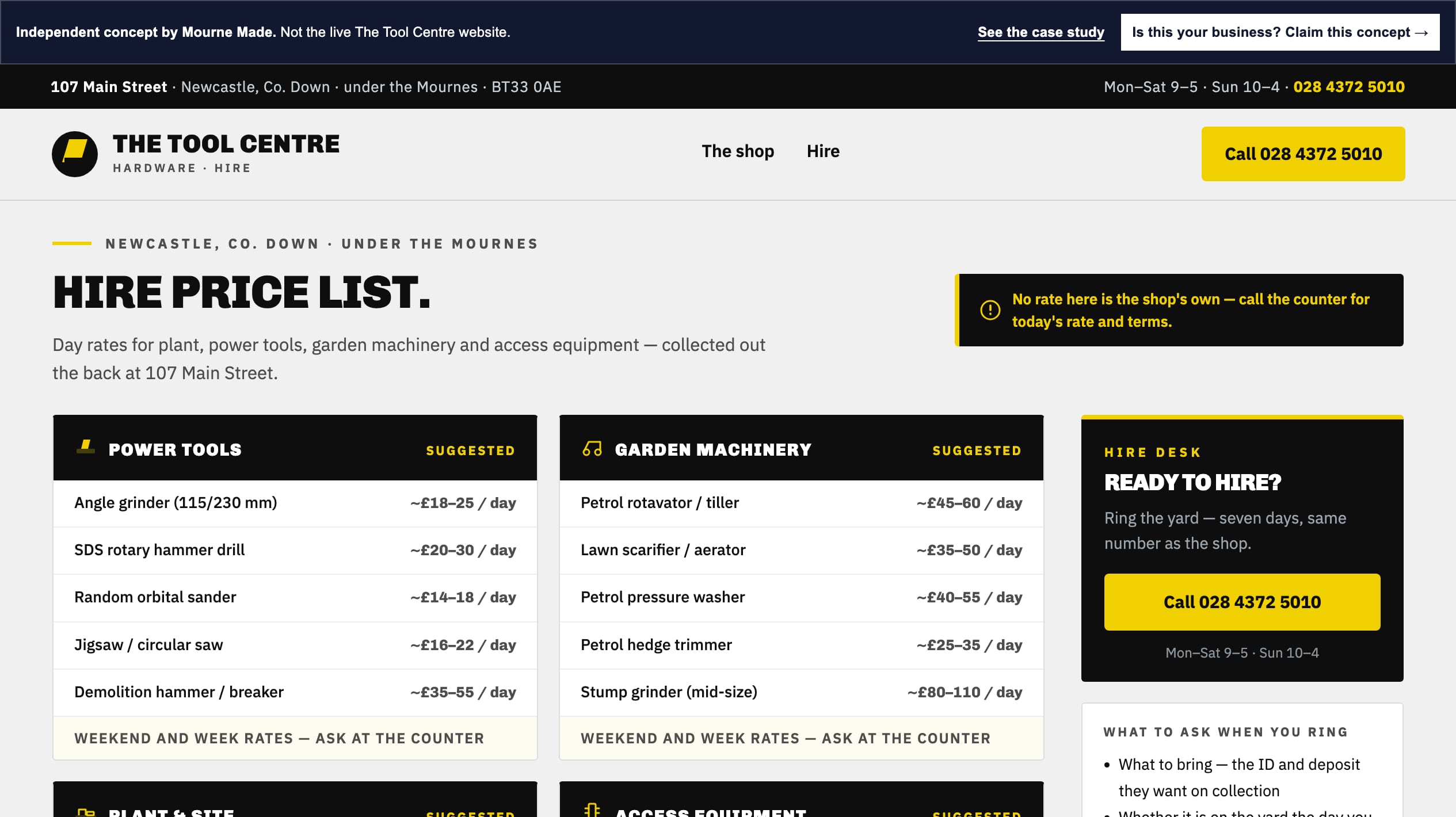 The Tool Centre hire list concept: a two-column price sheet in yard black and badge yellow, showing four hire categories — power tools, garden machinery, plant and site, access equipment — with indicative day rates and a call panel in the sidebar
