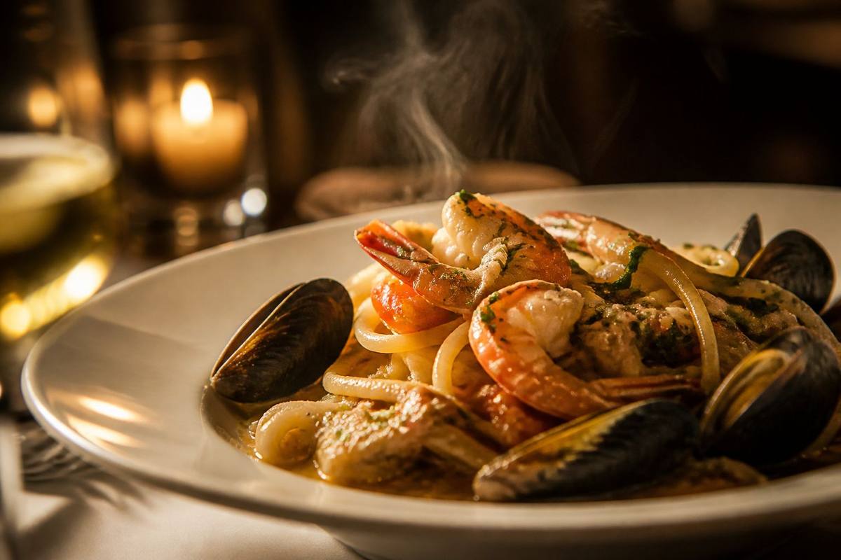 A wide bowl of seafood pasta in a tomato sauce, steam still on the surface