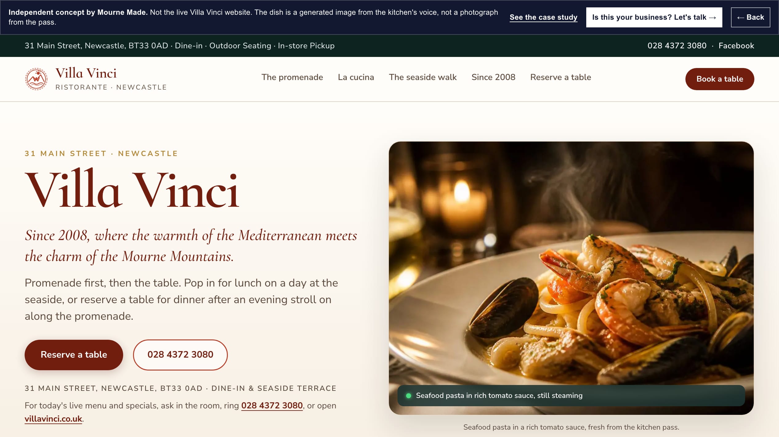 Mourne Made concept opening screen for Villa Vinci, captured from the local concept route