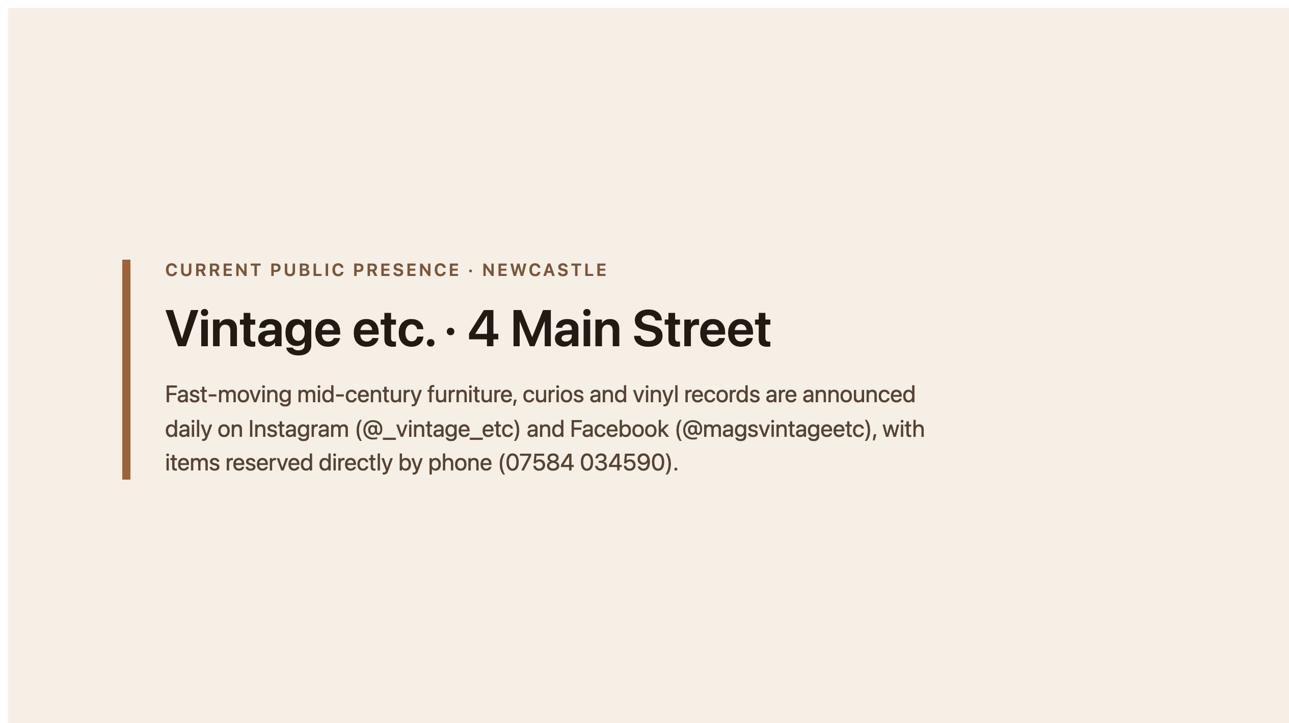 Labelled placeholder for Vintage etc.'s current public presence (daily social announcements and phone reservation) — not a live-site screenshot; a matched capture was not filed for the 27 August 2026 publish