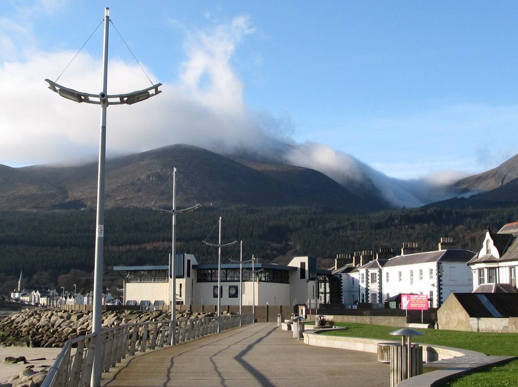 Newcastle Central Promenade with the Mourne Mountains rising behind the town