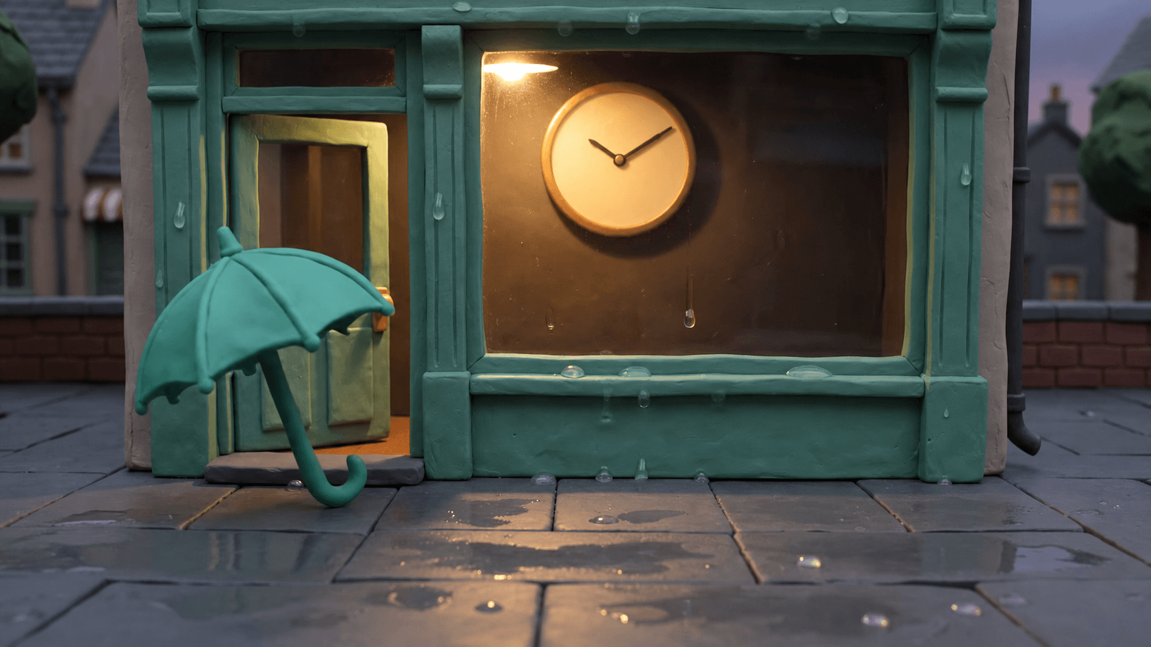 A miniature shopfront in rain: an umbrella approaches, leaves when the dark window gives no answer, then returns when a warm window and plain clock make the opening status clear.