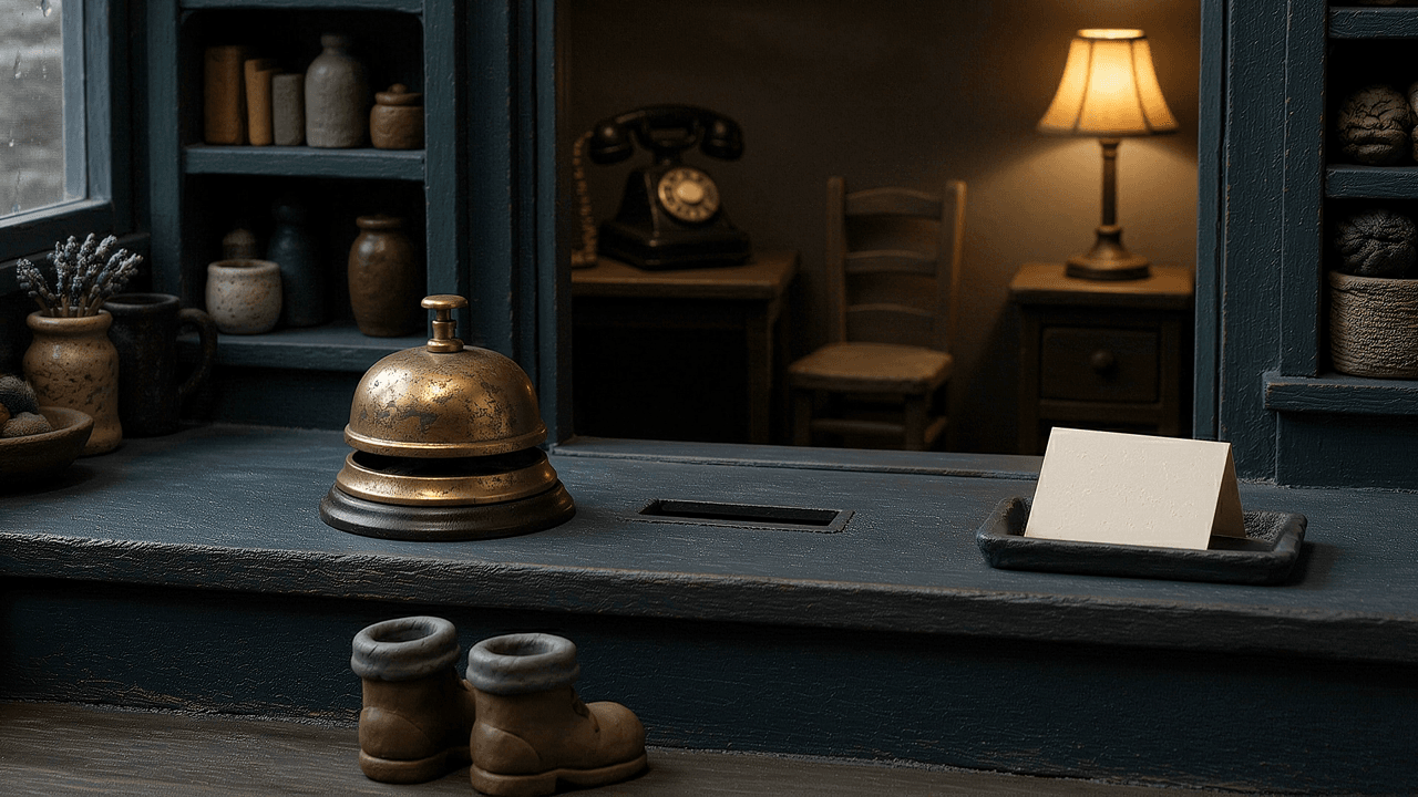 A pair of miniature clay boots waits at a shop counter while a brass bell is answered by a blank card dropping into a tray and a lamp coming on beside the telephone in the back room.