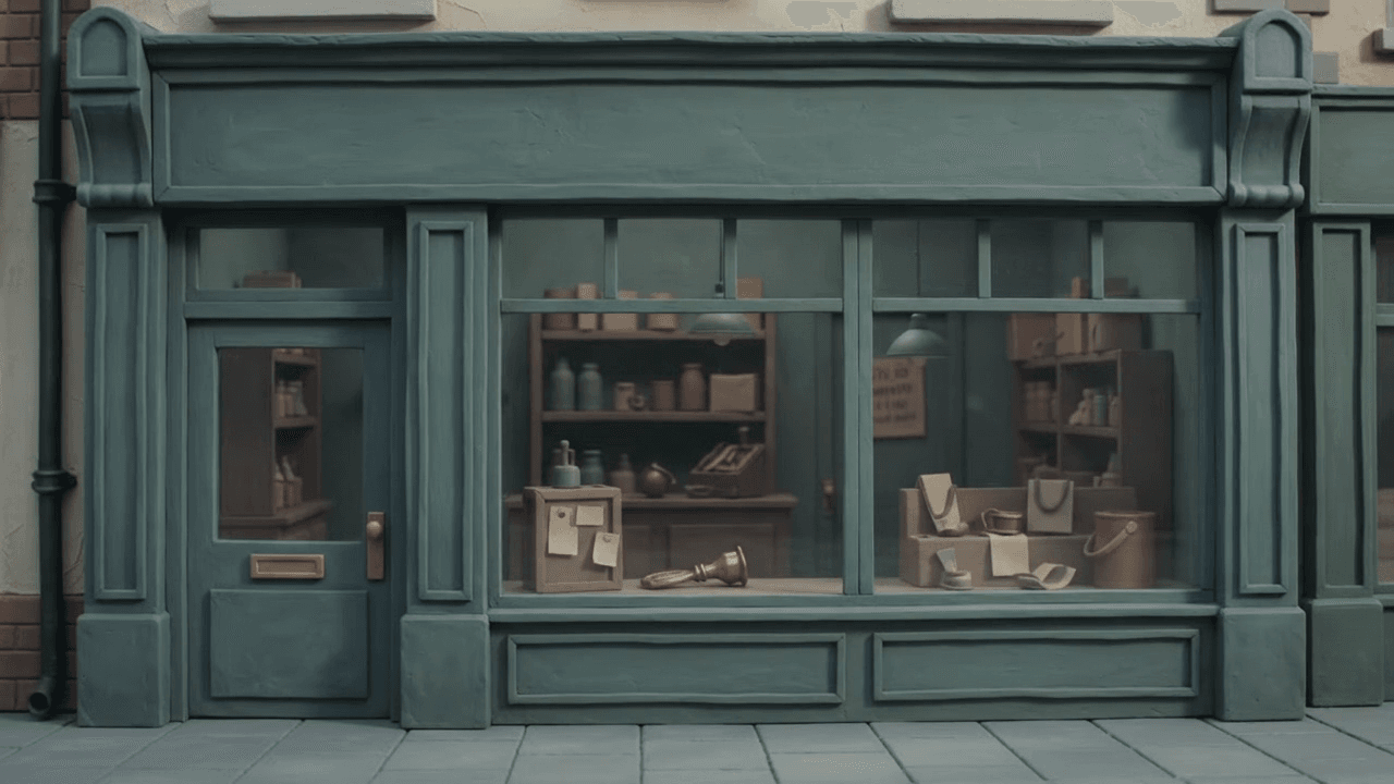 A miniature clay shop hides a small brass key in a drawer before bringing it into view at the front of the shop.