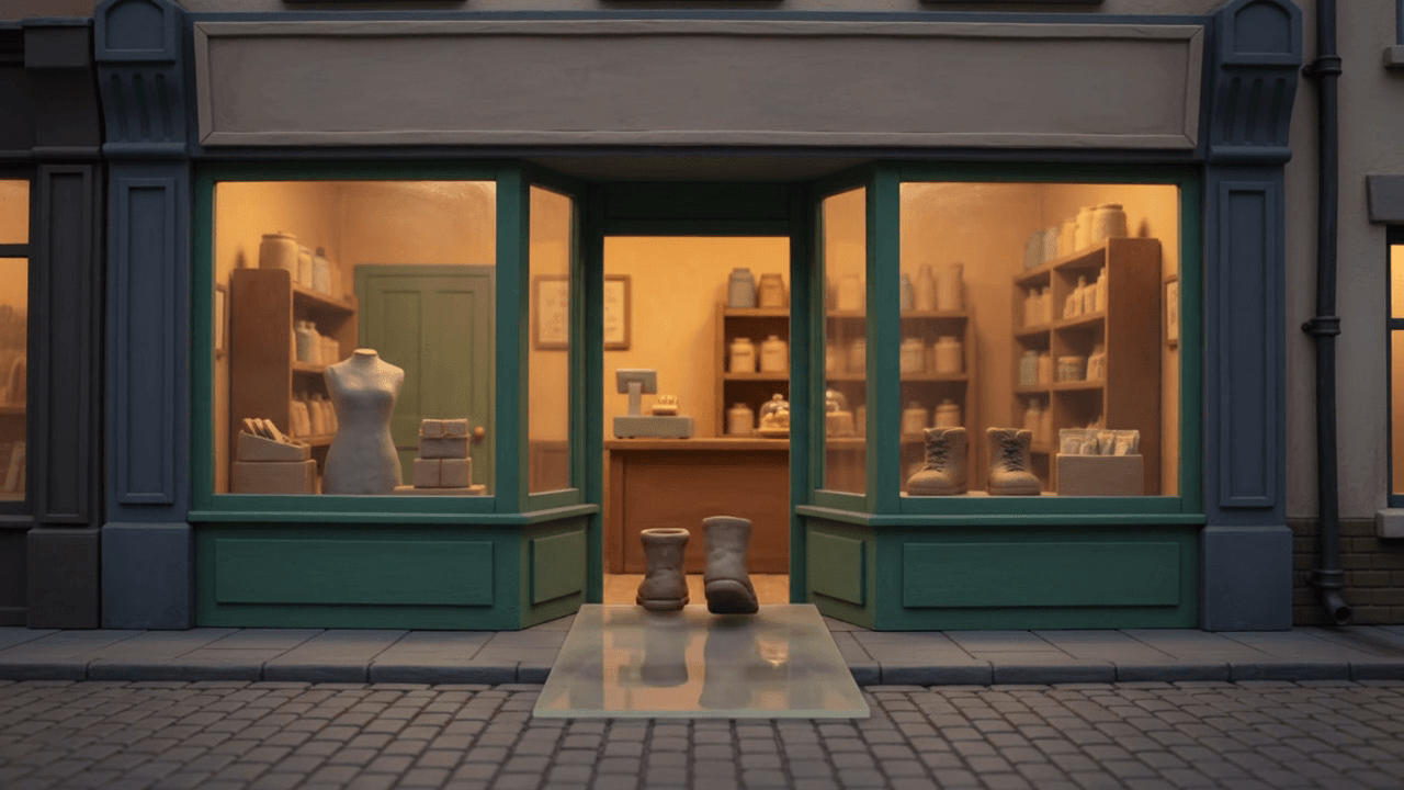 A miniature clay shopfront changes from a blocked entrance into a clear route through to the warmly lit interior.