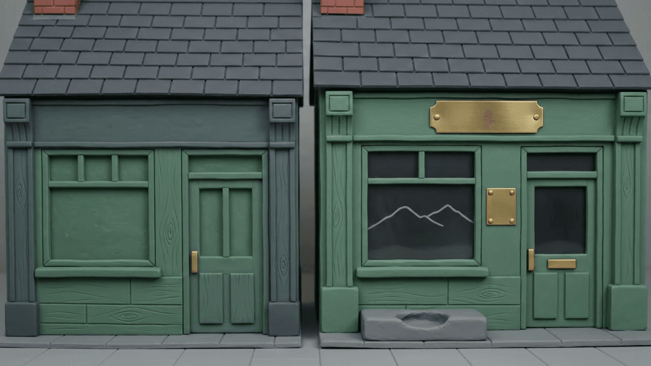 A blank brass nameplate moves between two near-identical miniature clay shopfronts before distinct details make the shops recognisably different.